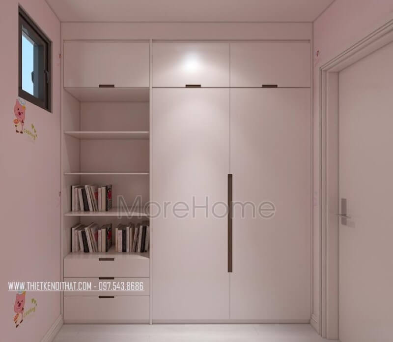 Tủ quần áo hiện đại gỗ công nghiệp kết hợp kệ để sách hiện đại, đẹp cho phòng ngủ con gái. thiết kế nội thất chung cư