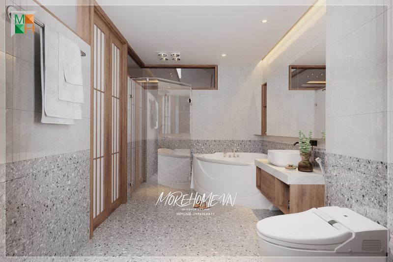 Gia chủ được trang trí phòng tắm với bồn tắm hiện đại, nội thất tối giản nhưng vẫn đảm bảo đầy đủ tiện nghi cho sinh hoạt hằng ngày.